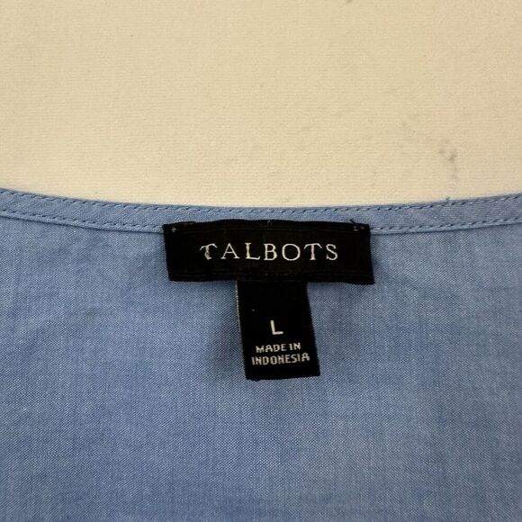 Talbots Embroidered Trim Tunic Top Size L Blue White Tie 3/4 Sleeve Blouse - Picture 6 of 12
